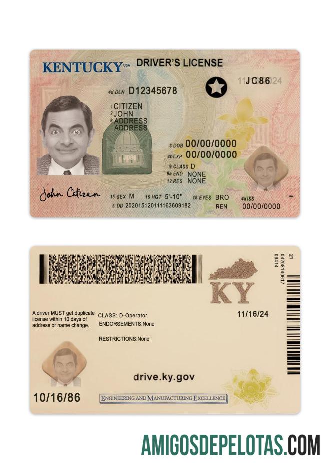 Carta de condução dos EUA Kentucky 2020 presente amostra